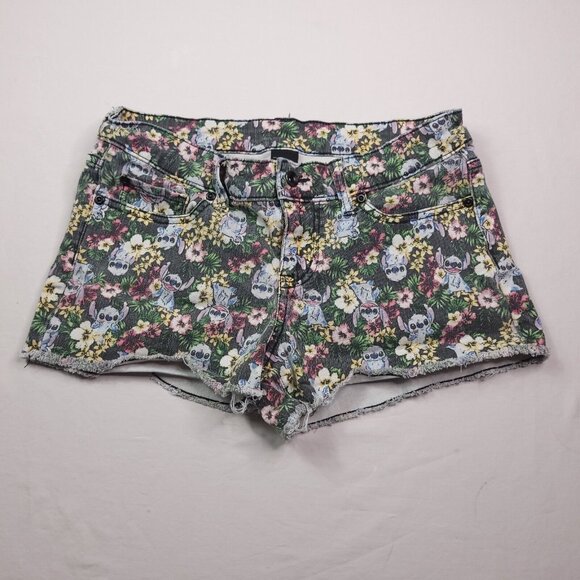 Disney Lilo Stitch Womens Jean Shorts 7 Hawaiian Low Rise Stretch Raw Hem Junior - Picture 2 of 6